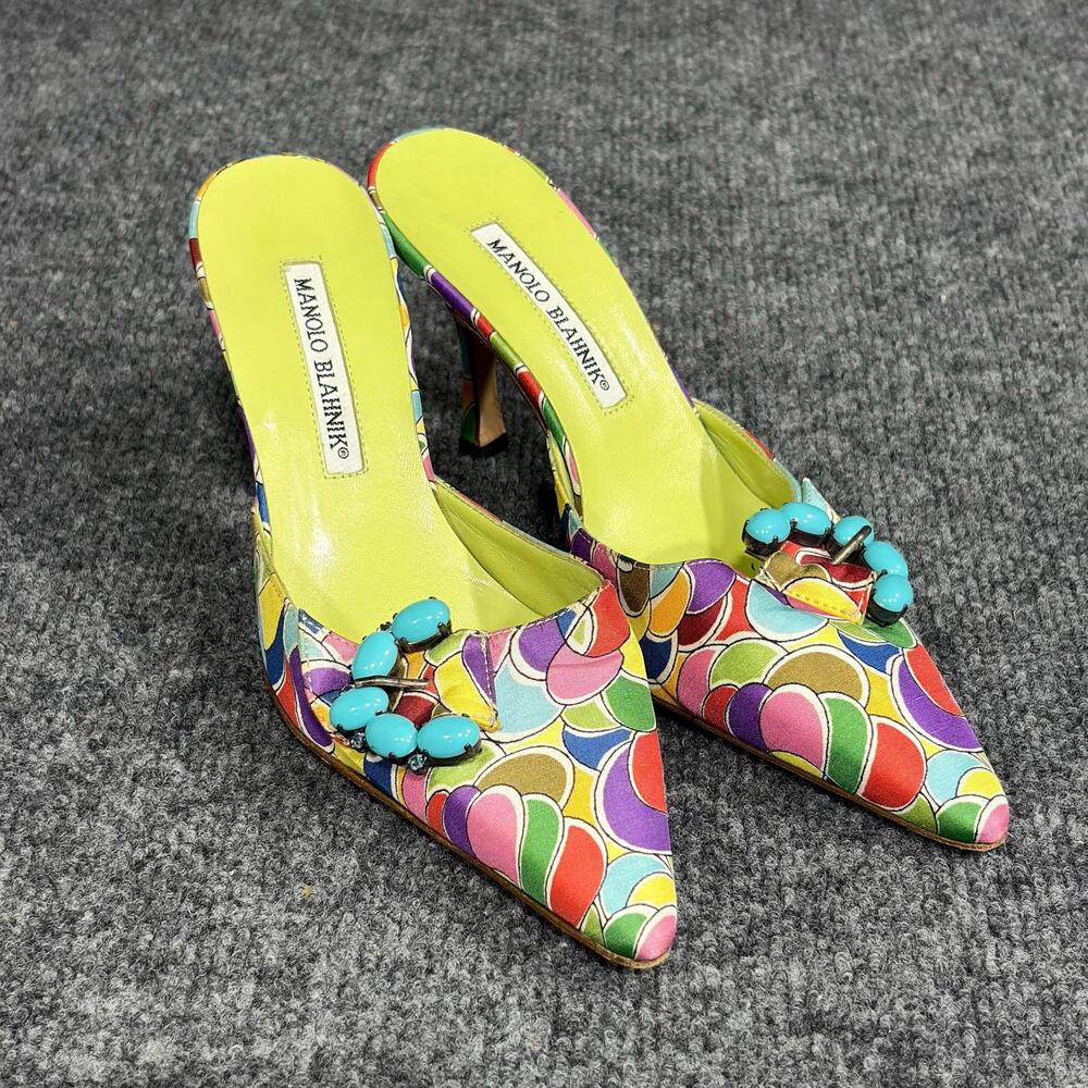 Manolo Blahnik Atomica Shoes Womens 5 Green Blue Printed Silk Mules Heels Italy